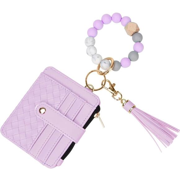 Wristlet Keychain Bracelet Pocket Wallet Credit Card Holder Purple Tassel S21 - Picture 1 of 8